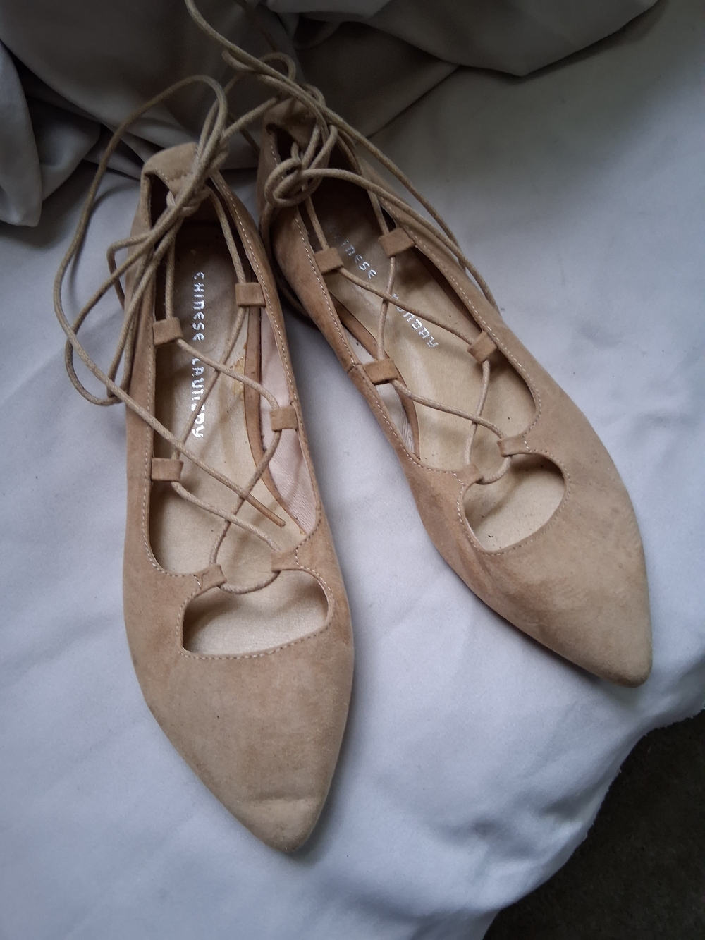 Chinese Laundry Taupe Suede Lace-Up Pointed Flats